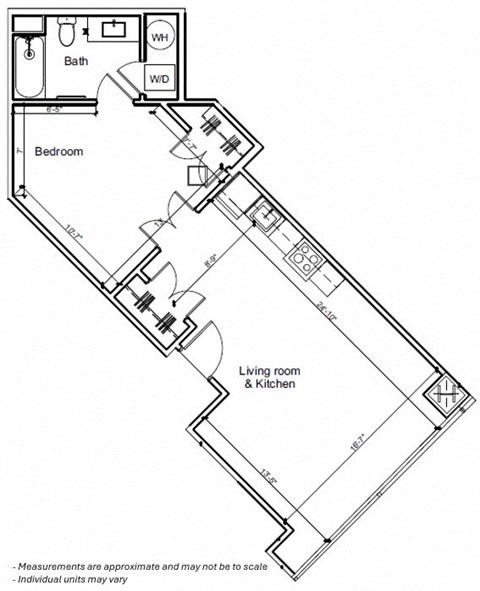Floor plan for 1 bed, 1 bath, 700 sqft